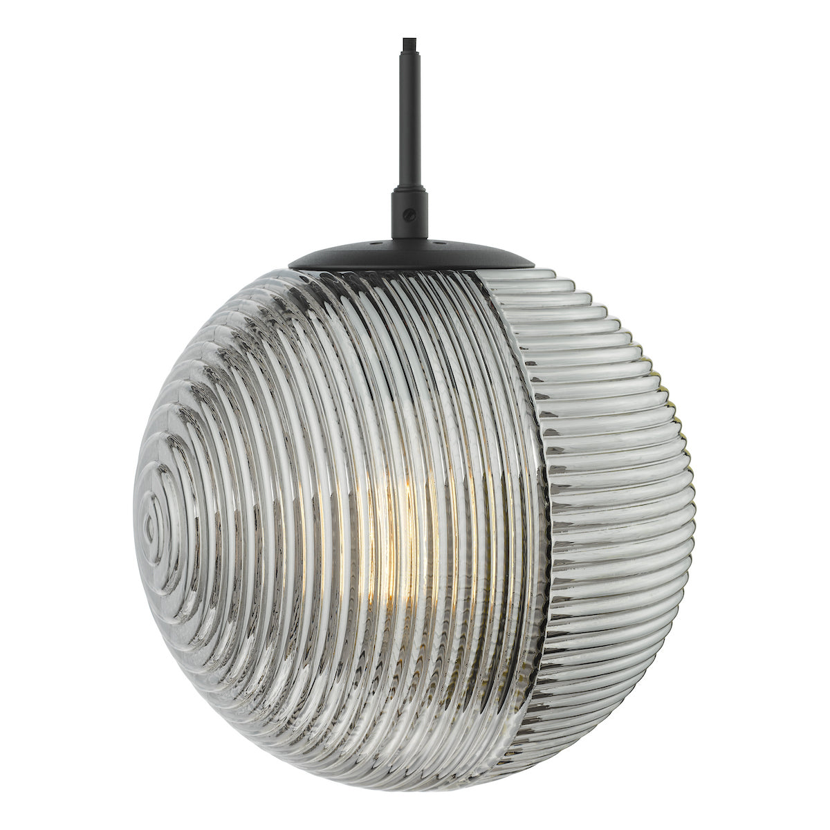 Round, ribbed glass pendant light with a black top and a warm glow from within.