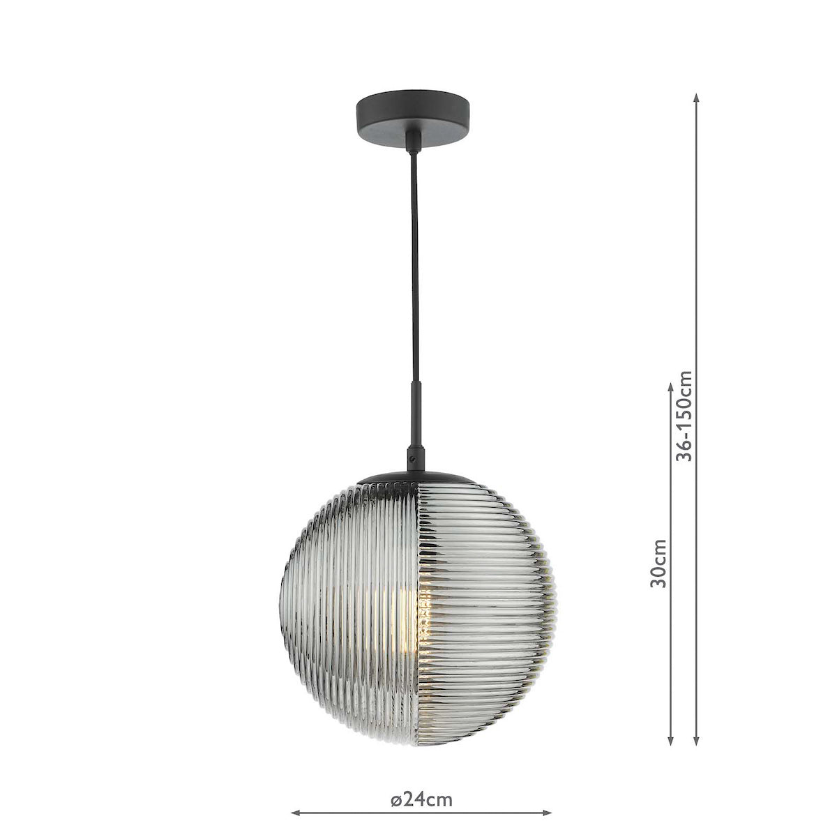 Round glass pendant light with ribbed texture, half clear and half smoked, on a black cord.