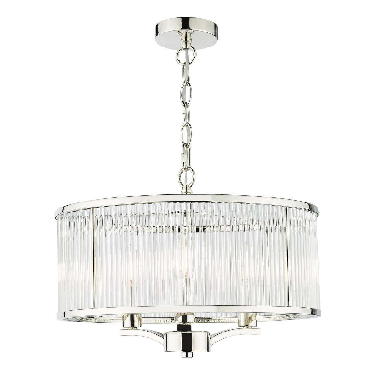 Polished nickel chandelier with a cylindrical shade made of vertical glass rods