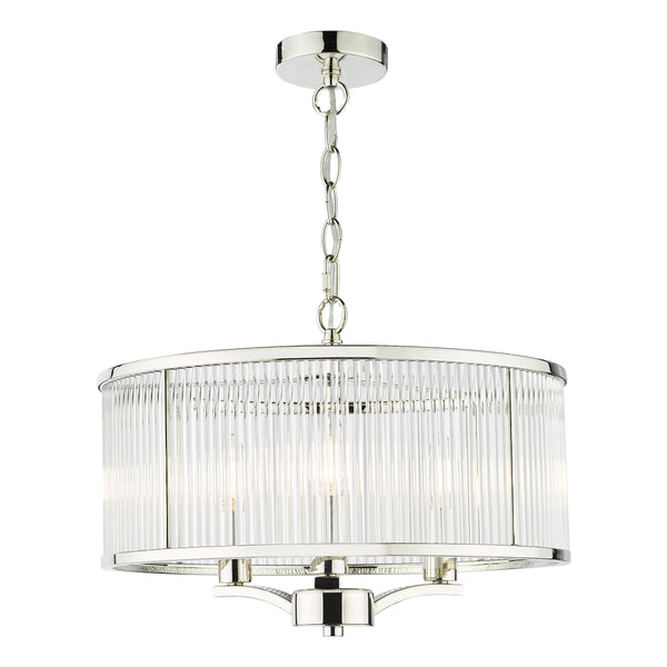 Polished nickel chandelier with a cylindrical shade made of vertical glass rods