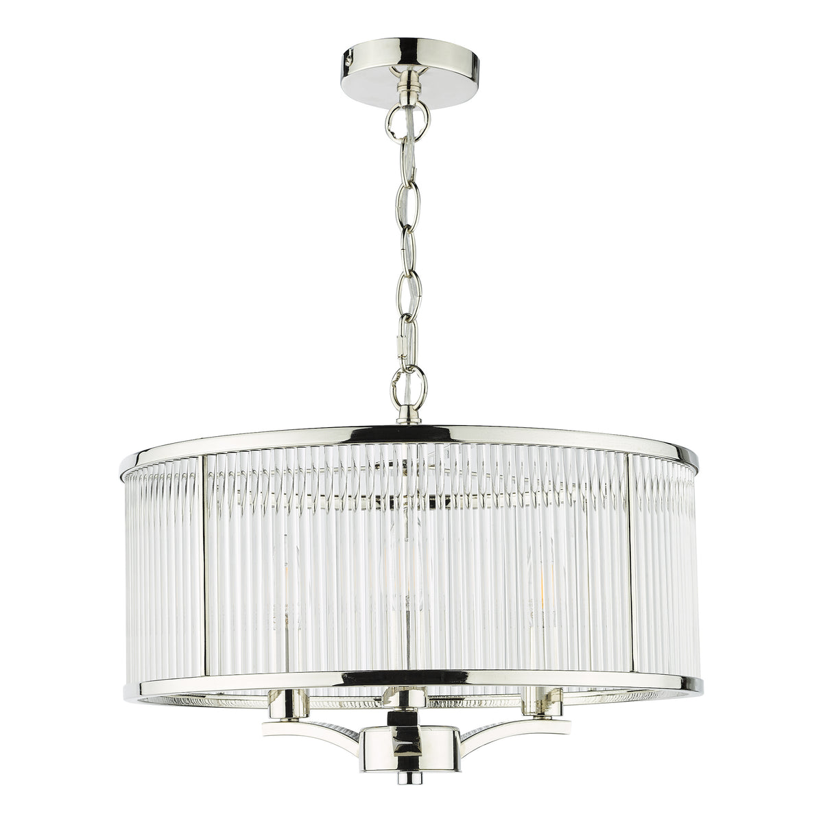 Polished nickel chandelier with clear glass rods