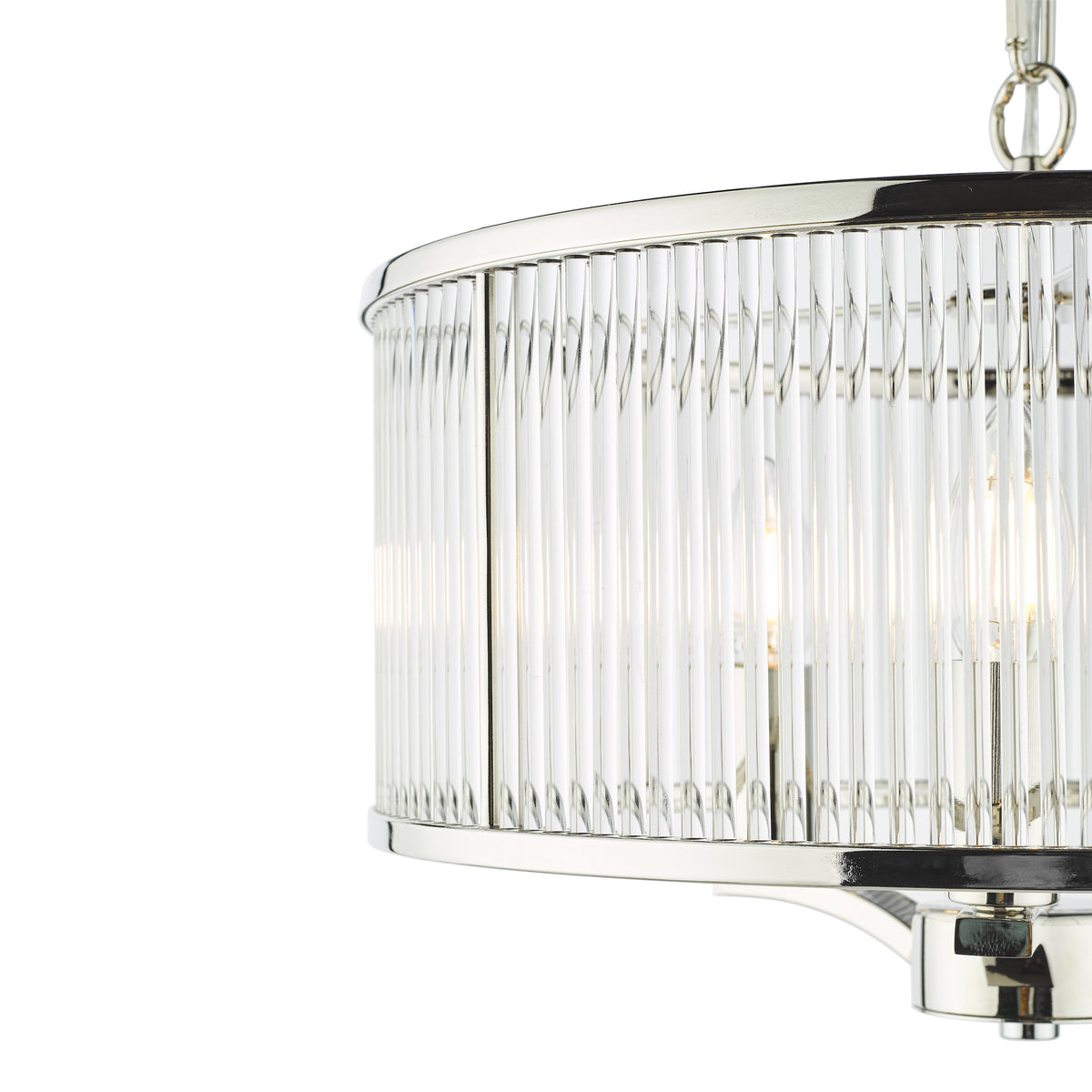 Close up of a polished nickel chandelier with clear glass rods
