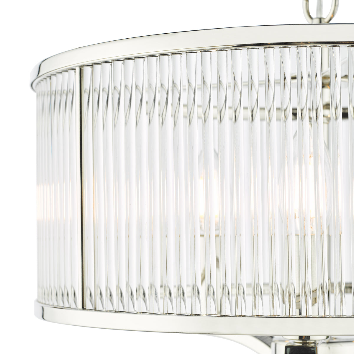 Close up of a polished nickel chandelier with clear fluted glass rods