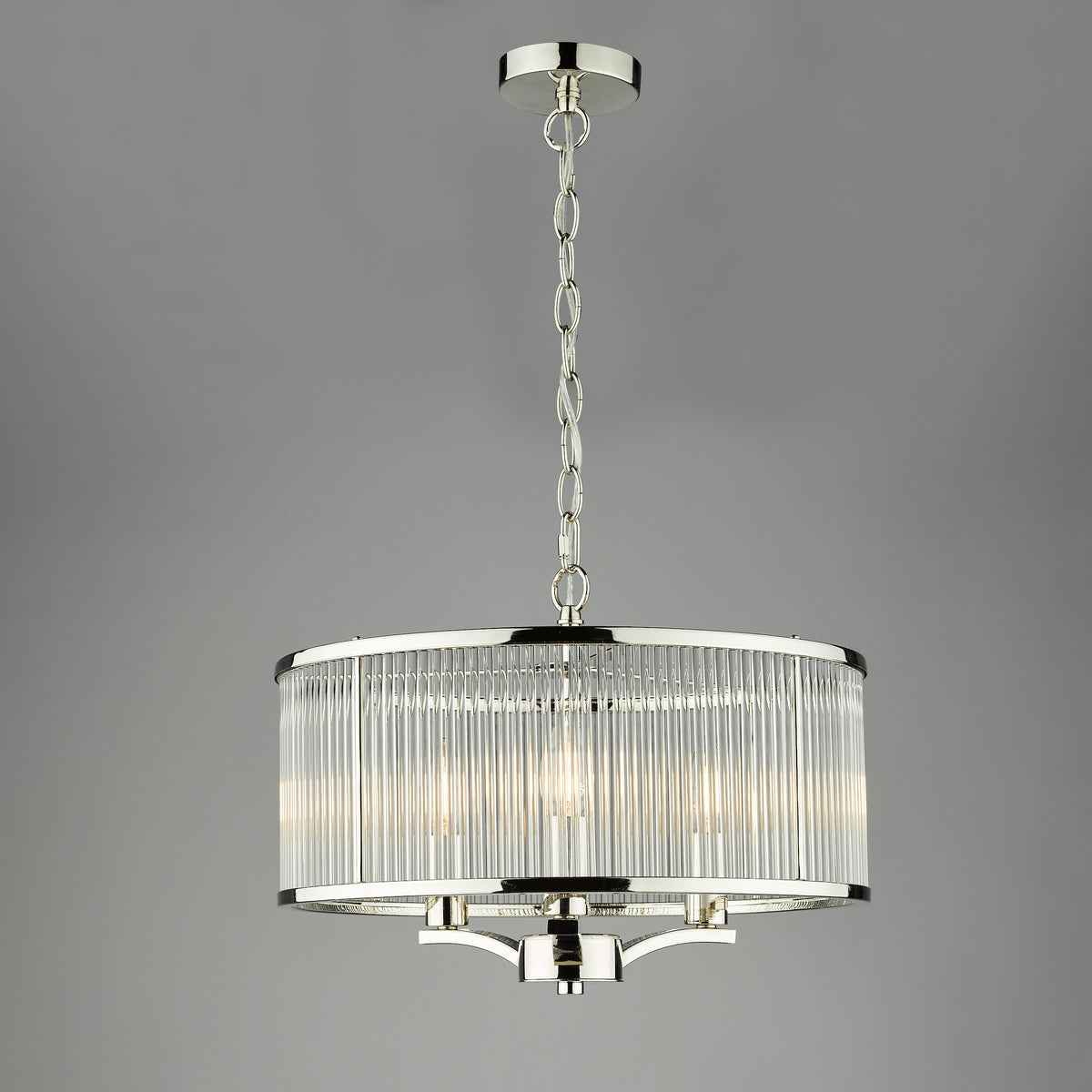 Polished nickel chandelier with a cylindrical glass shade made of vertical fluted glass rods