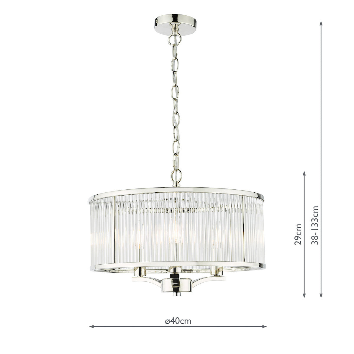 Polished nickel and clear glass chandelier with dimensions