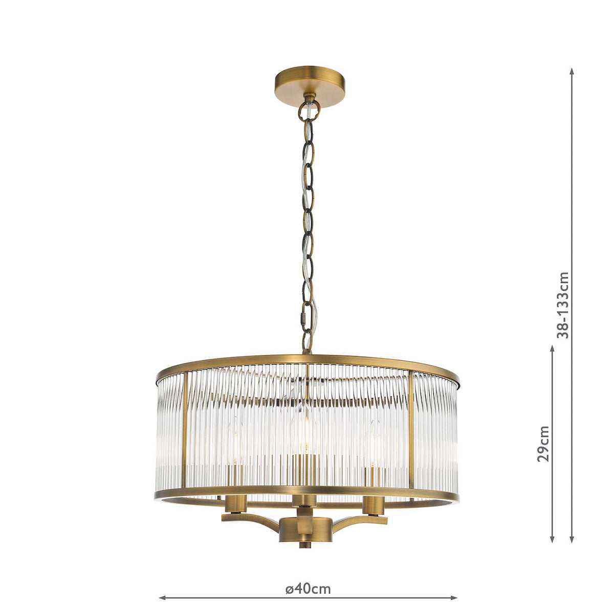 A brass chandelier with a fluted glass shade and three exposed bulbs, hanging from a chain.