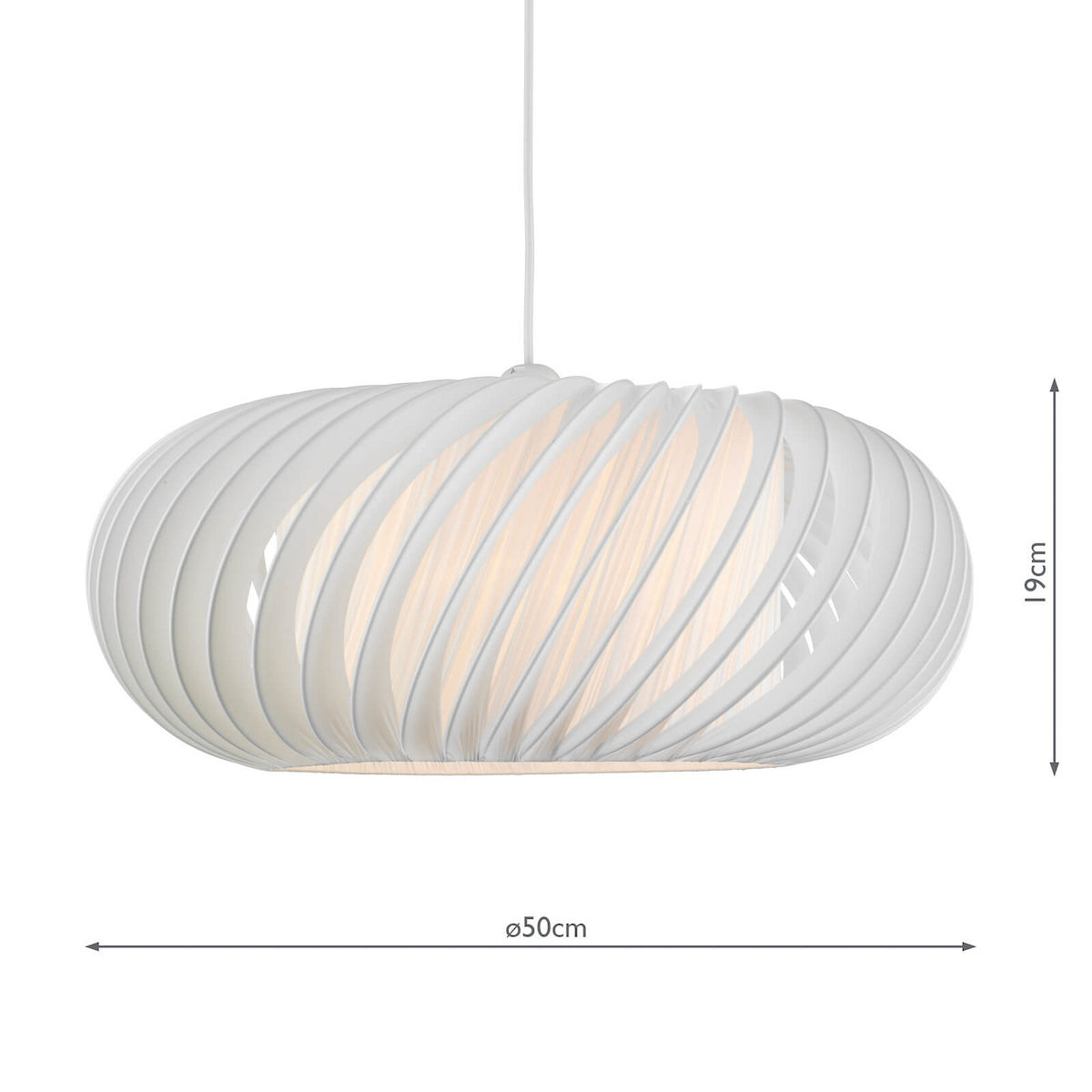 White oval pendant light with a spiral design and dimensions of 50cm diameter and 19cm height.