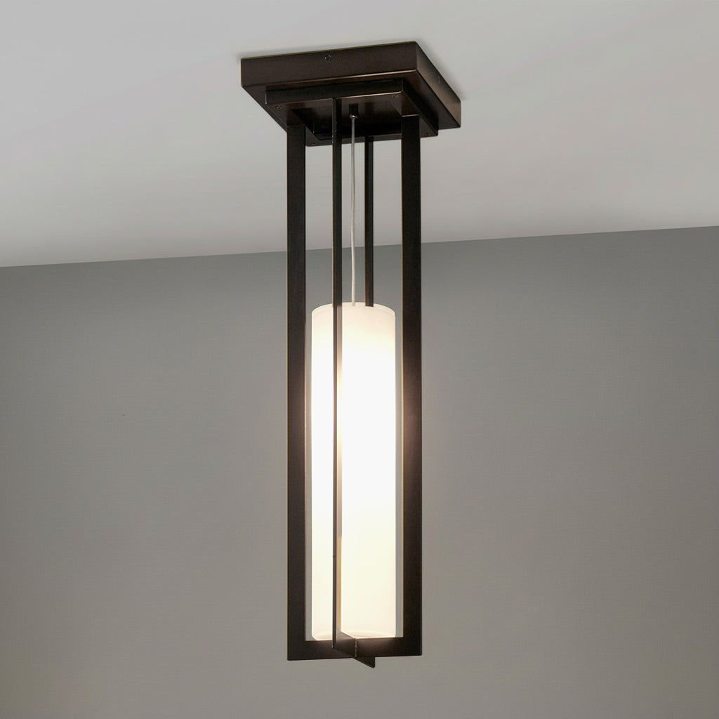Pendant Lamp in Bronze Cage with Etched Glass Diffuser