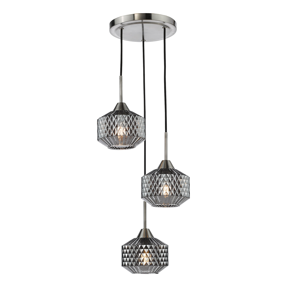 Three pendant lights with faceted glass shades and brushed nickel hardware