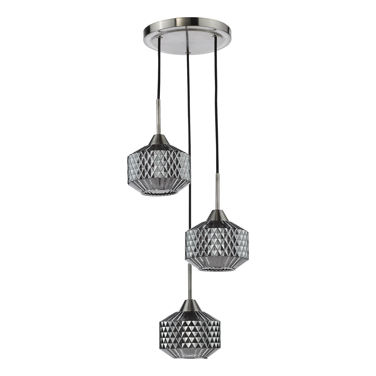 Three pendant lights with faceted glass shades and brushed nickel hardware