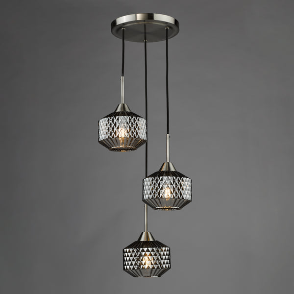 Three pendant lights with faceted glass shades and brushed nickel accents