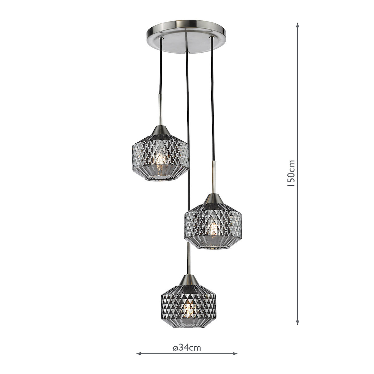 Three pendant lights with faceted glass shades and brushed nickel accents, showing dimensions of 150cm height and 34cm width
