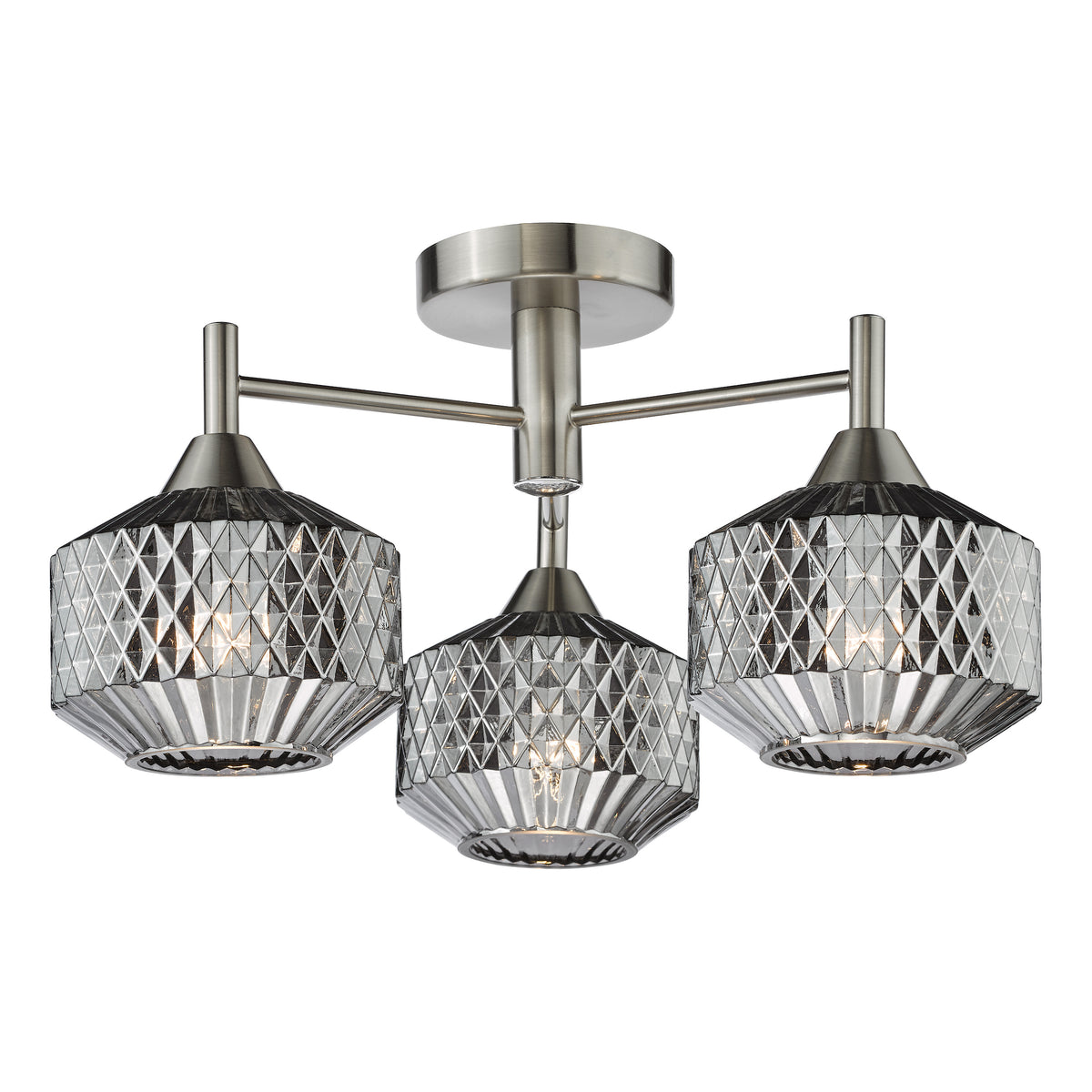 Three light ceiling fixture with brushed nickel finish and faceted glass shades