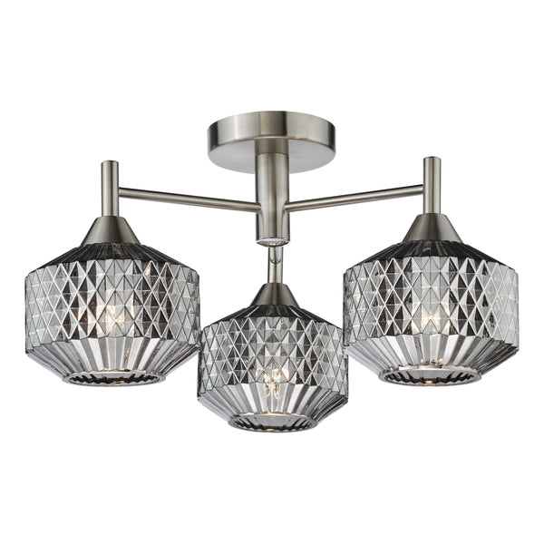 Three light ceiling fixture with brushed nickel finish and faceted glass shades