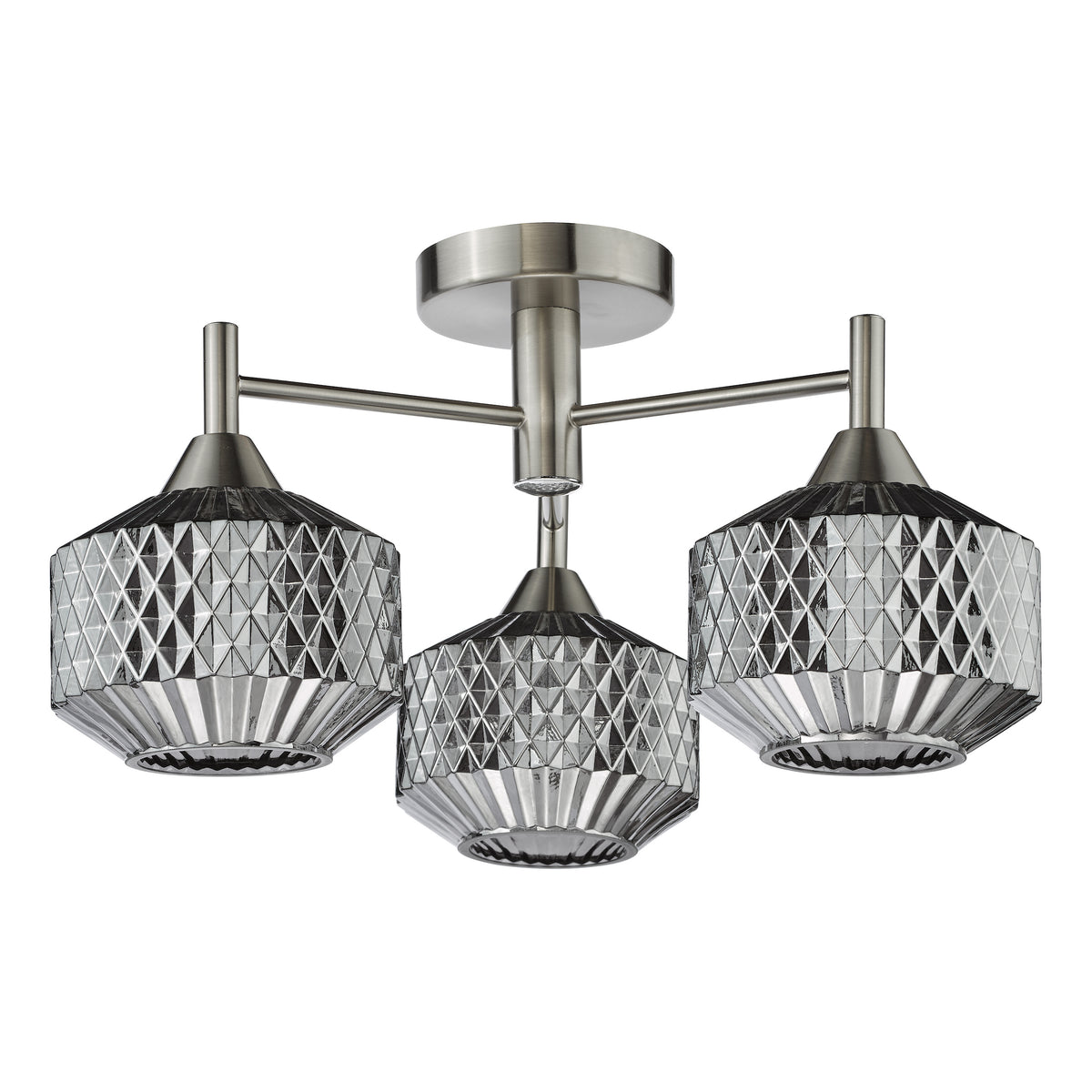 Three light ceiling fixture with brushed nickel finish and faceted glass shades