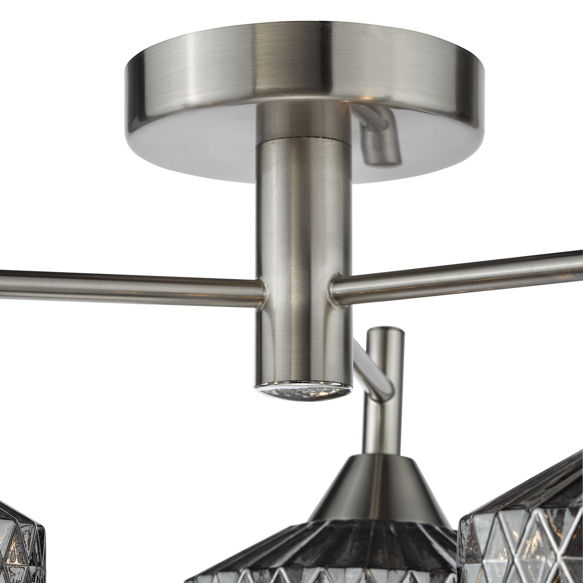 Brushed nickel ceiling light with three arms and faceted glass shades