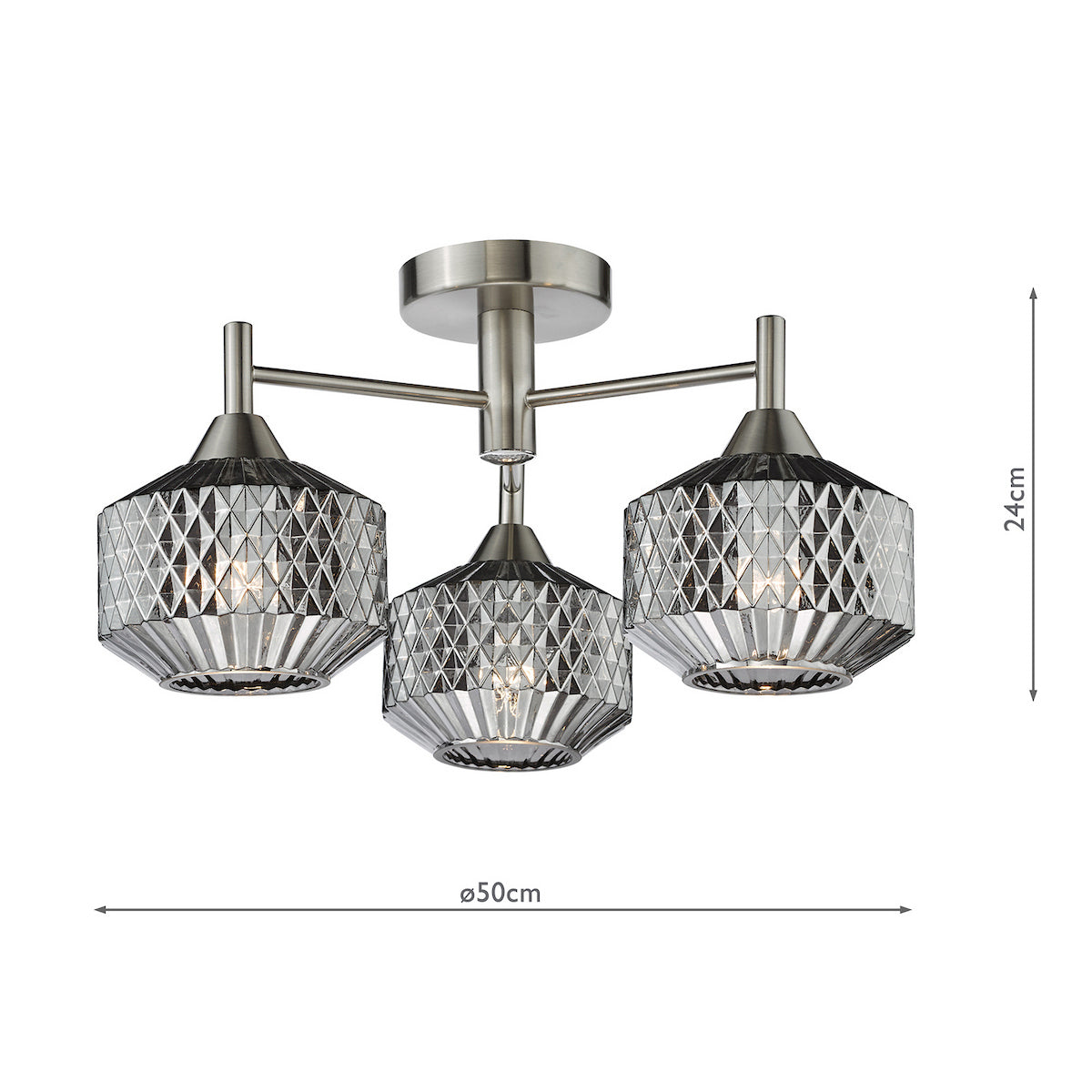 Three light ceiling fitting with brushed chrome frame and faceted glass shades