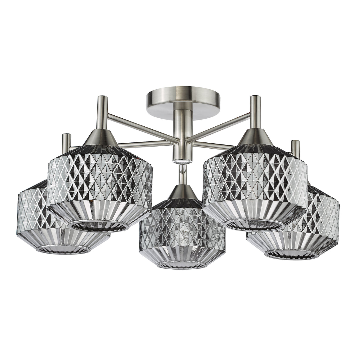 Five light semi flush mount ceiling light with brushed nickel finish and patterned glass shades