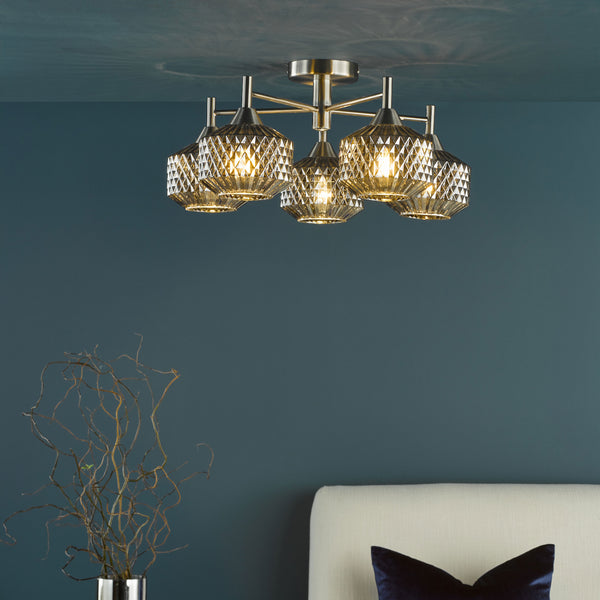 Five light ceiling fitting with textured glass shades