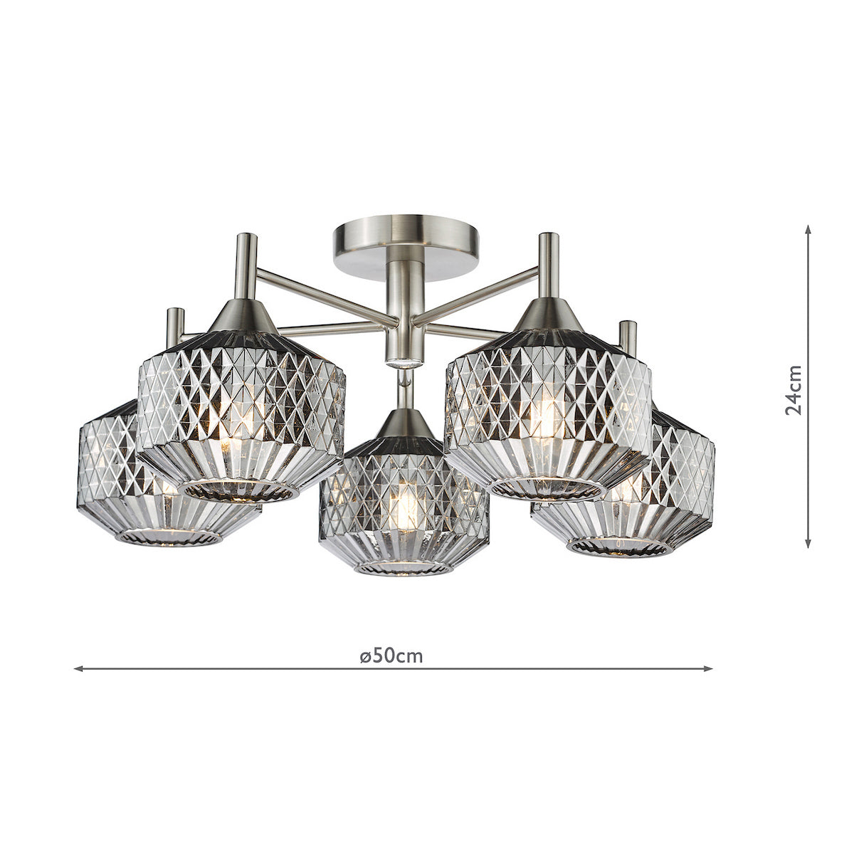 Brushed chrome ceiling light with five faceted glass shades, 50cm diameter, 24cm height