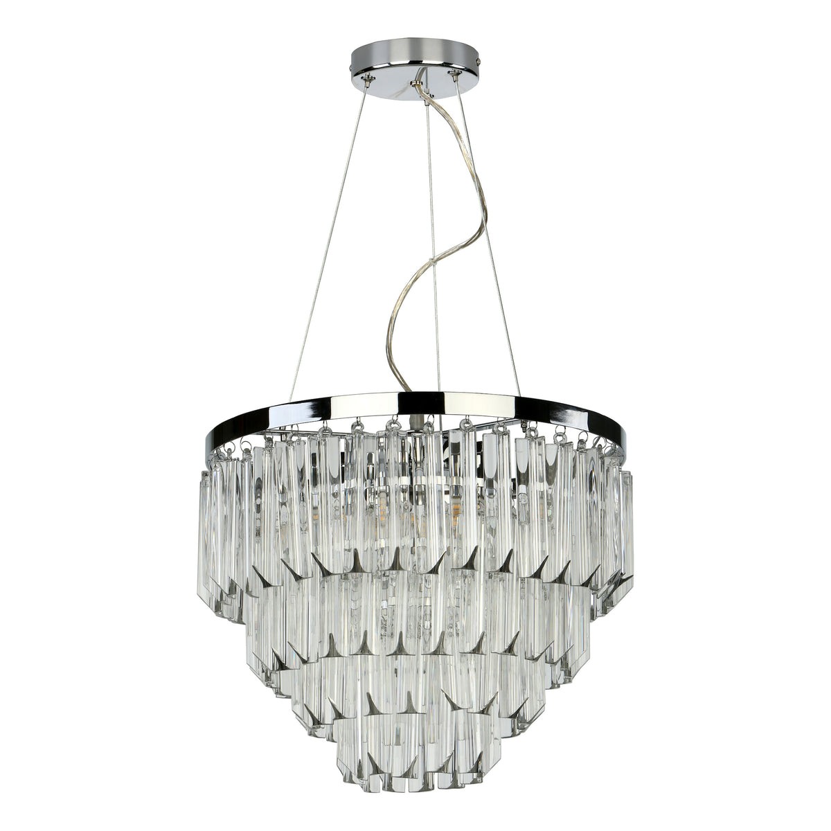 Chrome chandelier with three tiers of clear rectangular crystal prisms