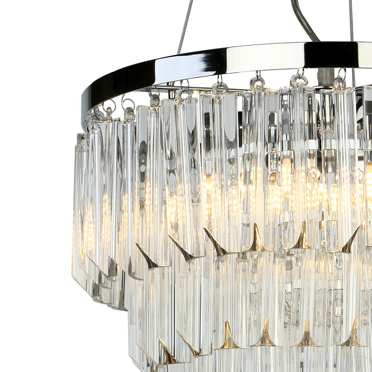 Close-up of a modern chandelier with clear glass rods and a chrome frame