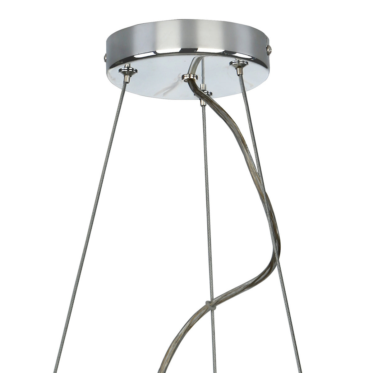 Close up of a chrome ceiling plate with four suspension wires and one electrical wire