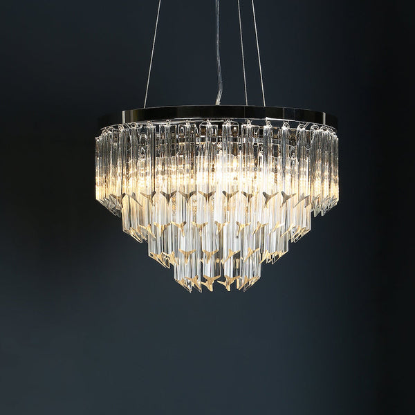Crystal chandelier with multiple tiers of glass rods