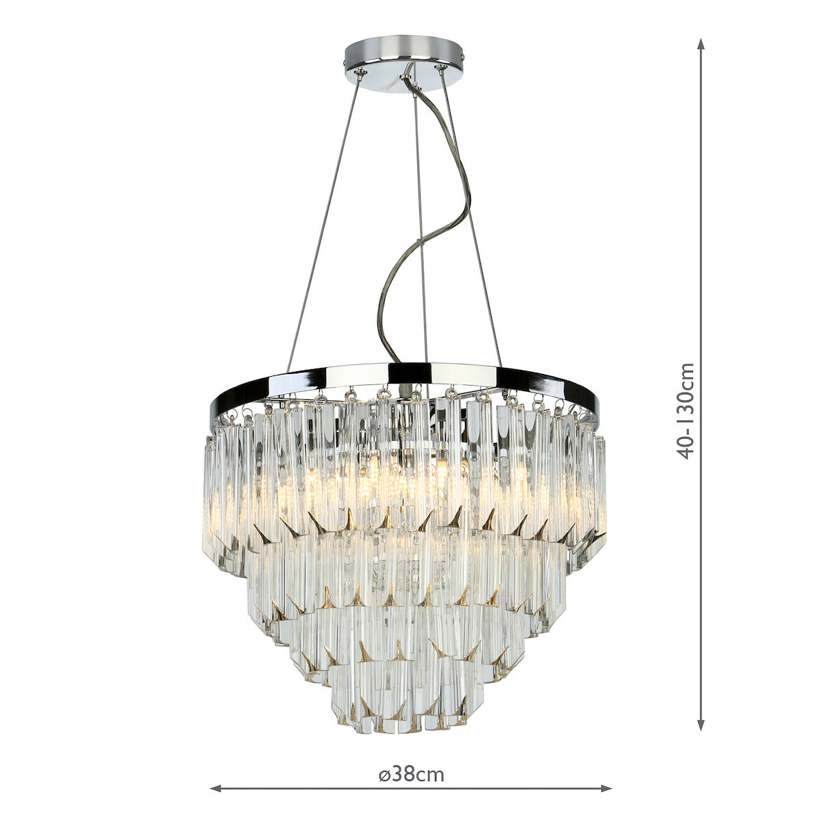 Tiered crystal chandelier with chrome finish and exposed bulbs, showing dimensions of 40-130cm height and 38cm width