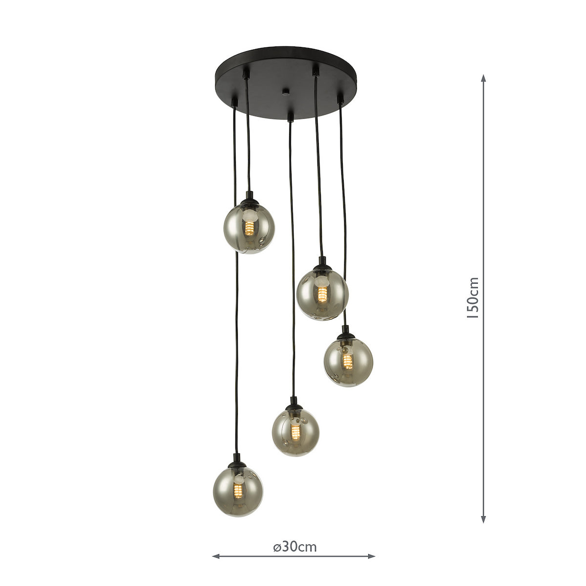 Five smoked glass globe pendant lights with exposed filaments hang from a black circular ceiling plate.