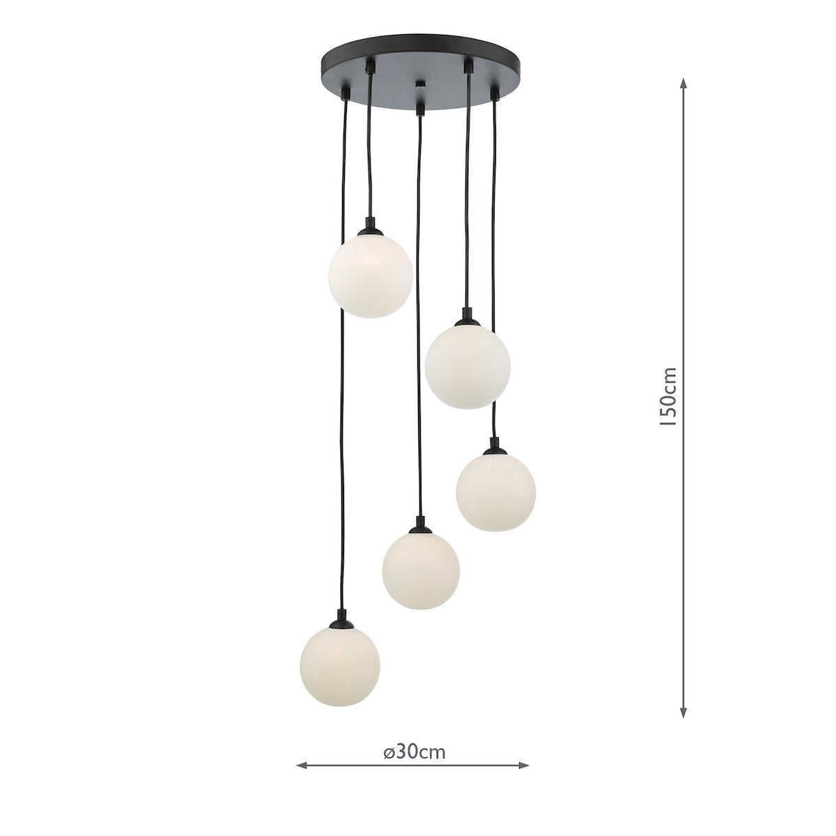 Five white globe pendant lights hang from a black circular base, with dimensions of 150cm height and 30cm width.