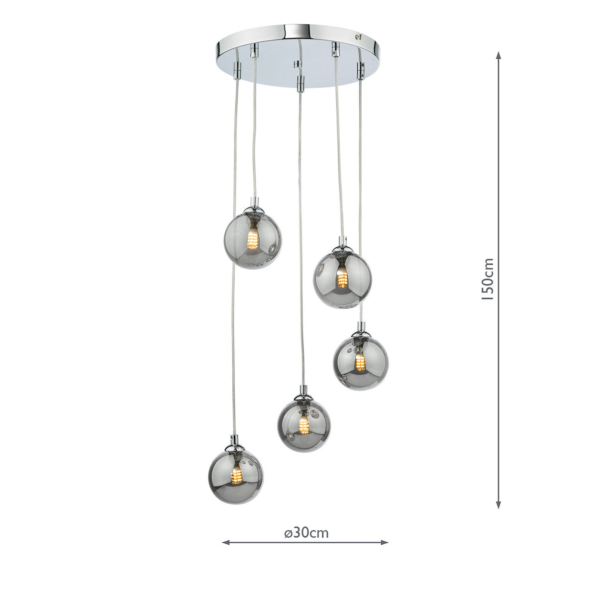 Five smoked glass globe pendant lights hang from a chrome ceiling plate, with dimensions.