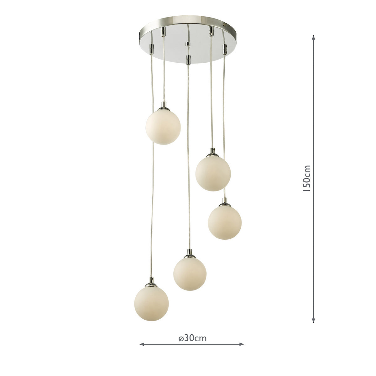 Five white globe pendant lights hanging from a chrome ceiling plate with dimensions.