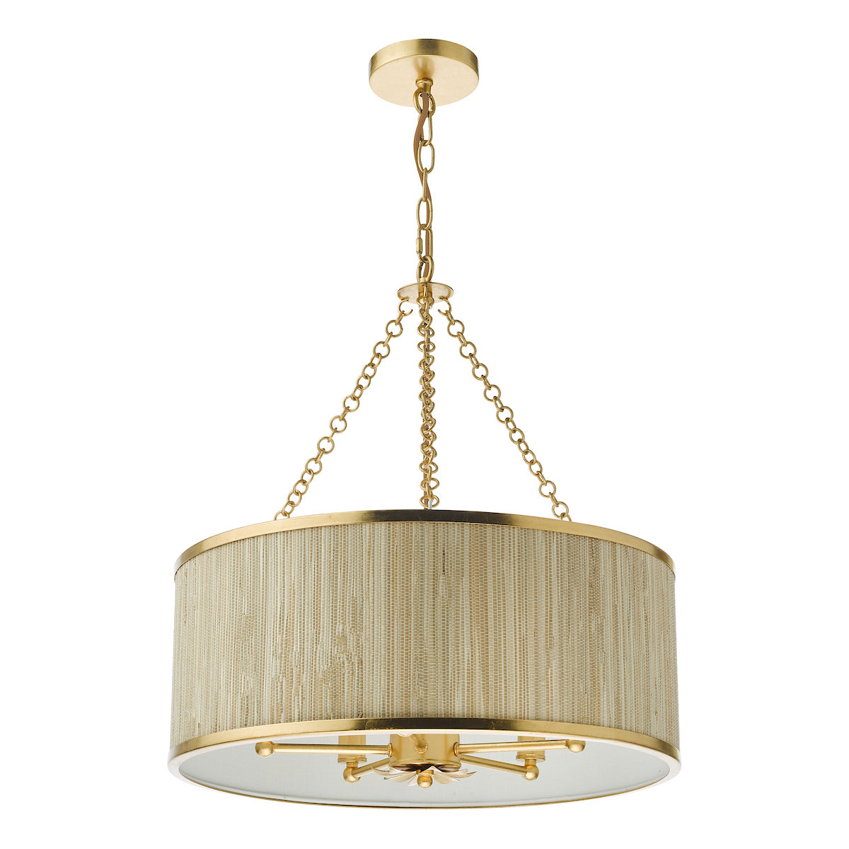 Gold chandelier with a textured, cylindrical shade and a decorative bottom plate.