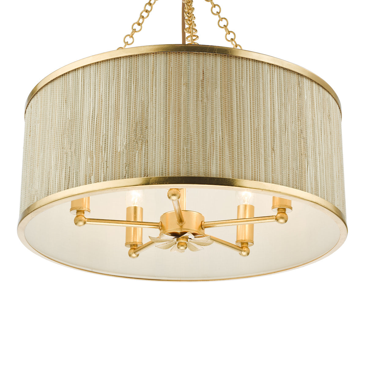 Gold and beige drum chandelier with four exposed bulbs and decorative accents.