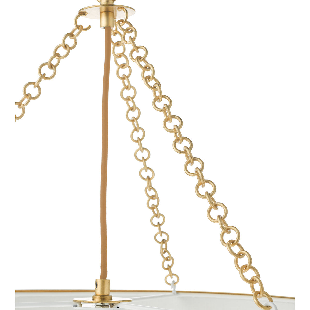 Close-up of a gold chain and brown cord hanging from a ceiling fixture, with a white lampshade visible below.