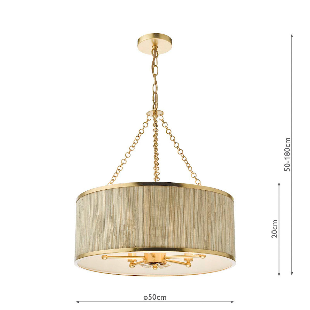 Gold chandelier with a woven drum shade and exposed bulbs, showing dimensions of 50-180cm height and 50cm diameter.