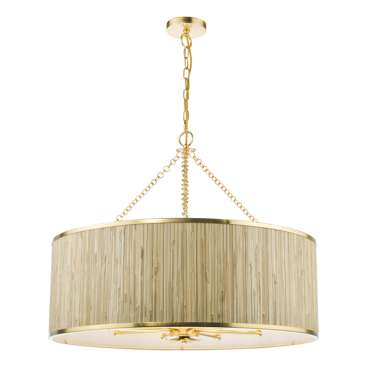 Drum chandelier with a gold frame and a textured beige shade