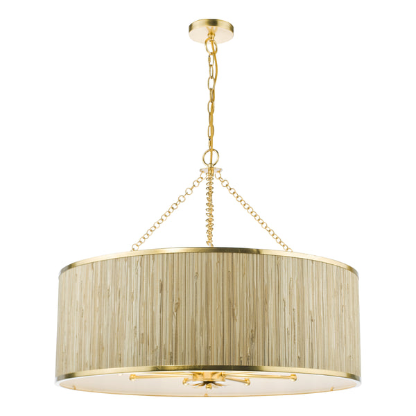 Drum chandelier with a gold frame and a textured beige shade