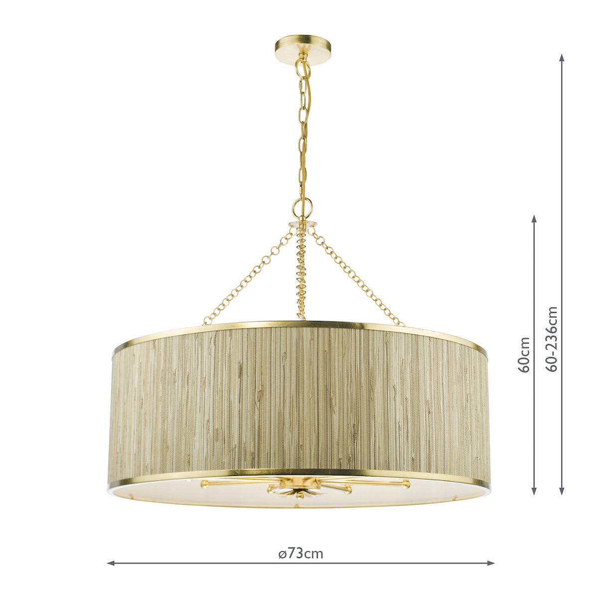 Round gold chandelier with a textured beige shade and visible dimensions