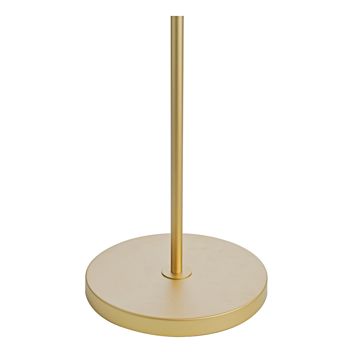 Close-up of a gold-colored metal lamp base with a thin, cylindrical pole extending upwards.