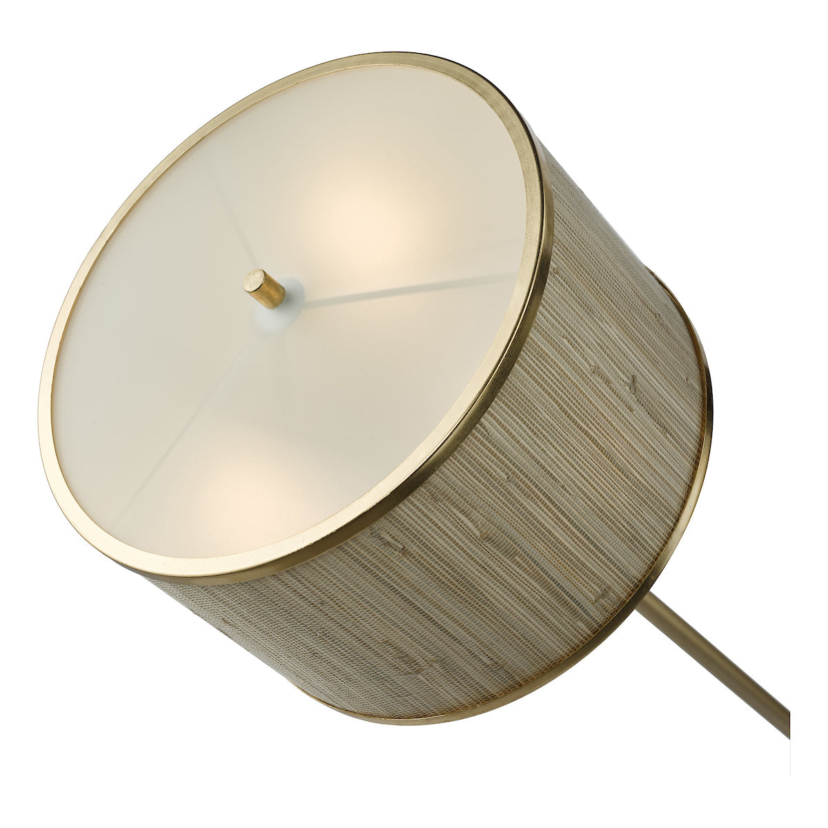 Close-up of a floor lamp with a gold-rimmed, cylindrical shade made of woven beige fabric.