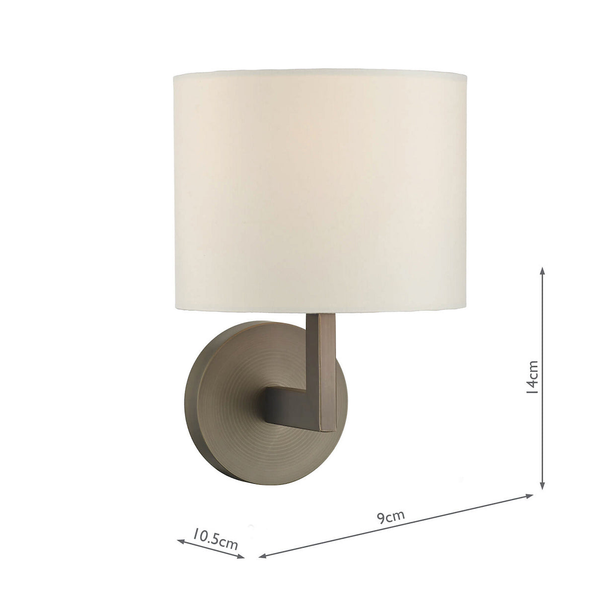 Wall light with a white cylindrical shade and a bronze base, with dimensions 14cm, 9cm, and 10.5cm.