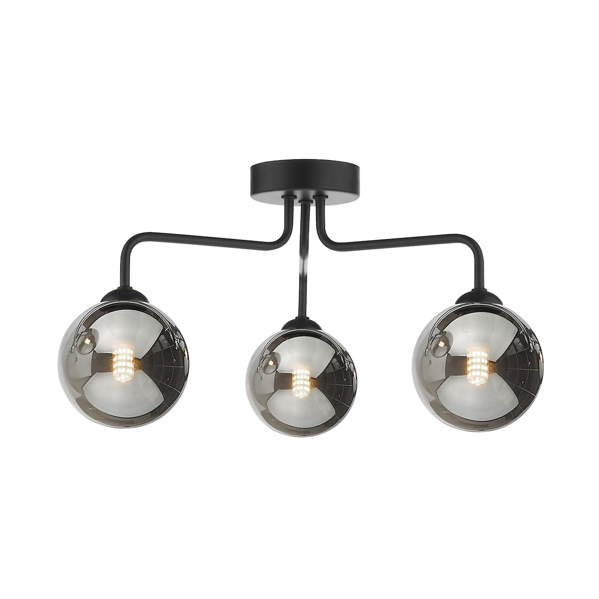 Black ceiling light with three smoked glass globe shades, each revealing a glowing LED bulb.