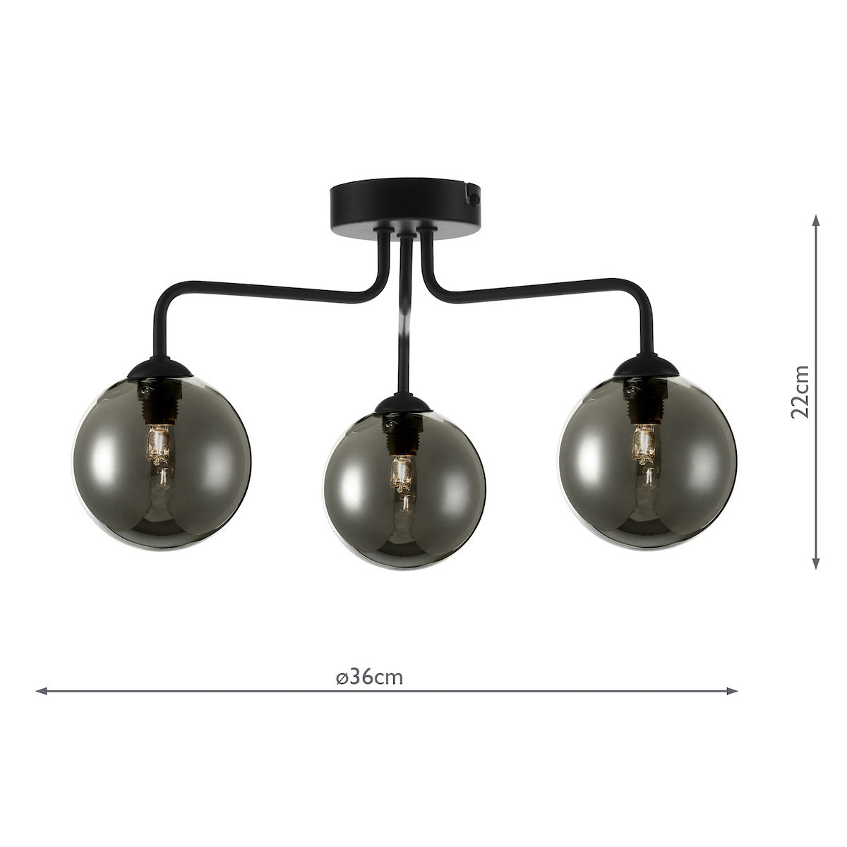 Three-light ceiling lamp with smoked glass globes and black metal frame, 22cm high and 36cm wide.