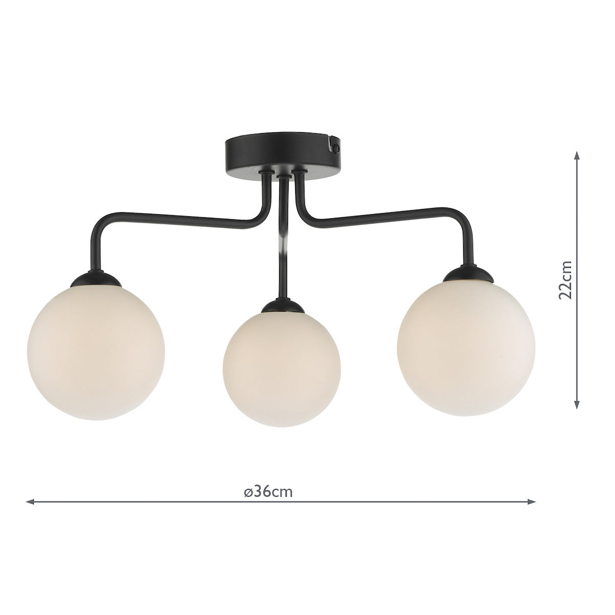 Black ceiling light with three white globe shades, showing 22cm height and 36cm diameter.