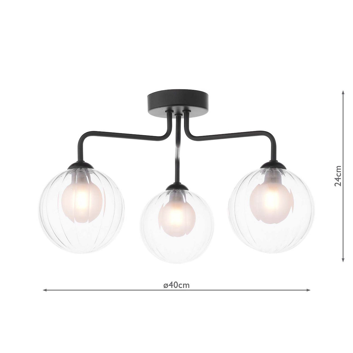 Black ceiling light with three clear, ribbed glass globe shades, showing dimensions of 24cm height and 40cm width.
