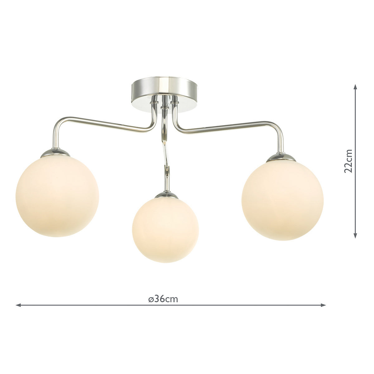 Three-light ceiling fixture with white globe shades and chrome finish, showing 36cm width and 22cm height.