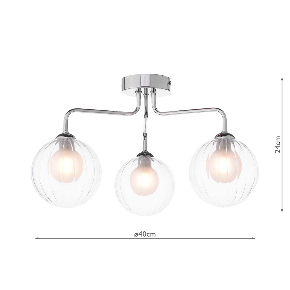 Chrome ceiling light with three clear, ribbed glass globe shades, illuminated, with dimensions.