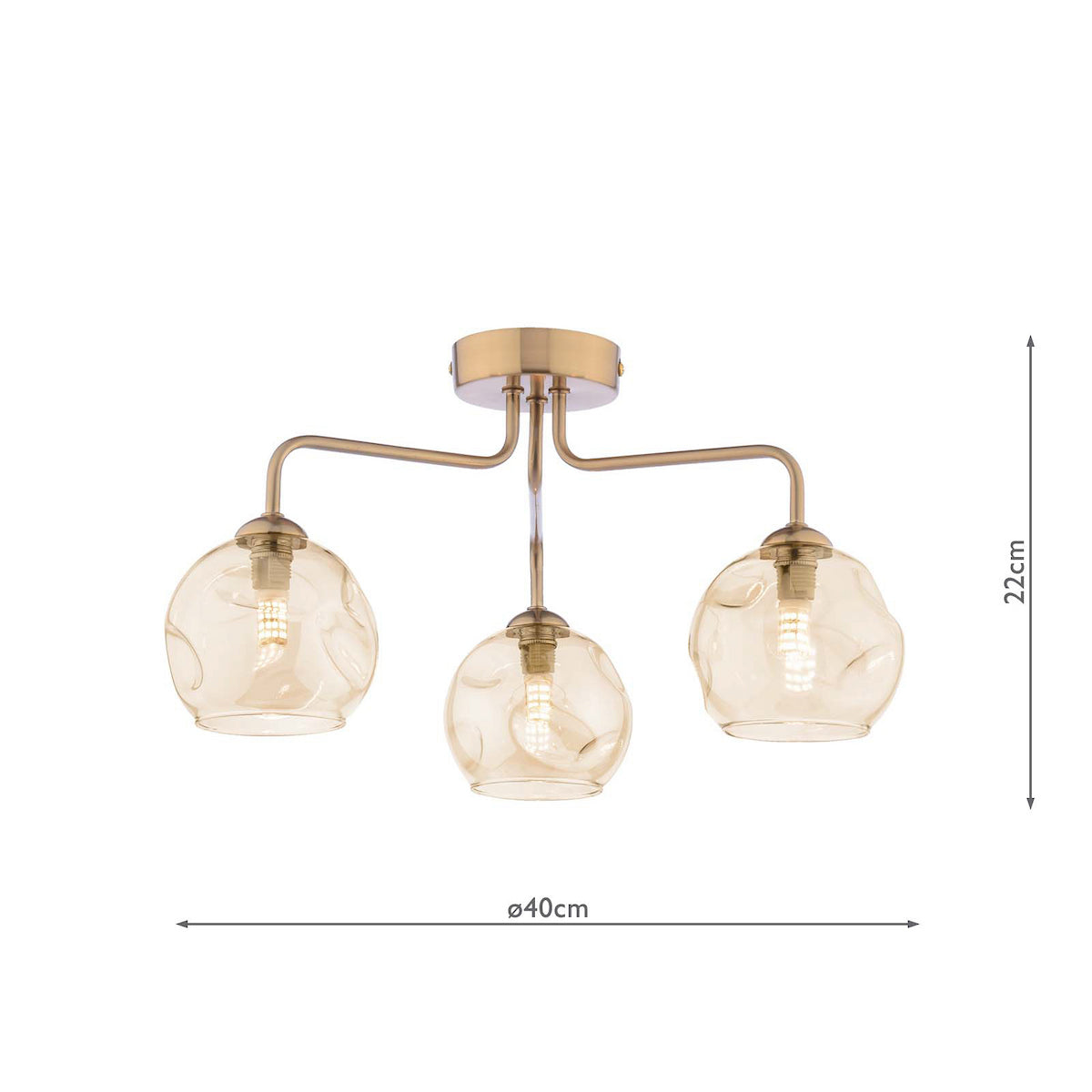 Three-light ceiling lamp with amber glass shades and a gold-colored metal frame, 22cm high and 40cm wide.